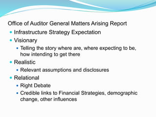 Office of Auditor General Matters Arising Report
 Infrastructure Strategy Expectation
 Visionary
 Telling the story where are, where expecting to be,
how intending to get there
 Realistic
 Relevant assumptions and disclosures
 Relational
 Right Debate
 Credible links to Financial Strategies, demographic
change, other influences
 