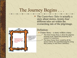 The Journey Begins . . .
The Canterbury Tales is actually a
story about stories, twenty-four
different tales set within the
overarching tale of the pilgrimage.
Definition:
Frame Story – a story within a story
• The Outer Frame Story is about the pilgrims
meeting at the Tabard Inn preparing for a
journey to Canterbury.
• The Inner Frame Story would be all the
stories told by the assembled pilgrims along
their journey to and from Canterbury.
 