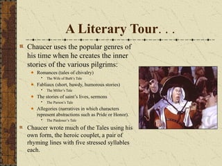 A Literary Tour. . .
Chaucer uses the popular genres of
his time when he creates the inner
stories of the various pilgrims:
Romances (tales of chivalry)
• The Wife of Bath’s Tale
Fabliaux (short, bawdy, humorous stories)
• The Miller’s Tale
The stories of saint’s lives, sermons
• The Parson’s Tale
Allegories (narratives in which characters
represent abstractions such as Pride or Honor).
• The Pardoner’s Tale
Chaucer wrote much of the Tales using his
own form, the heroic couplet, a pair of
rhyming lines with five stressed syllables
each.
 