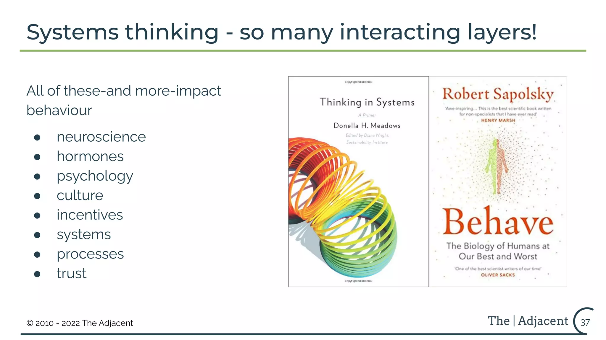 © 2010 - 2022 The Adjacent
Systems thinking - so many interacting layers!
All of these-and more-impact
behaviour
● neuroscience
● hormones
● psychology
● culture
● incentives
● systems
● processes
● trust
37
 