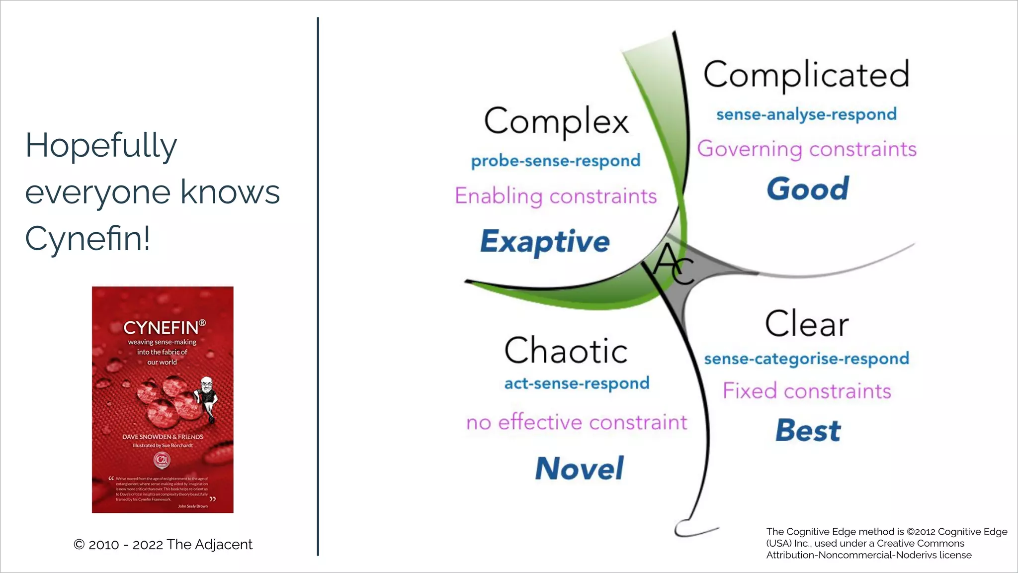 © 2010 - 2022 The Adjacent
Hopefully
everyone knows
Cyneﬁn!
The Cognitive Edge method is ©2012 Cognitive Edge
(USA) Inc., used under a Creative Commons
Attribution-Noncommercial-Noderivs license
 