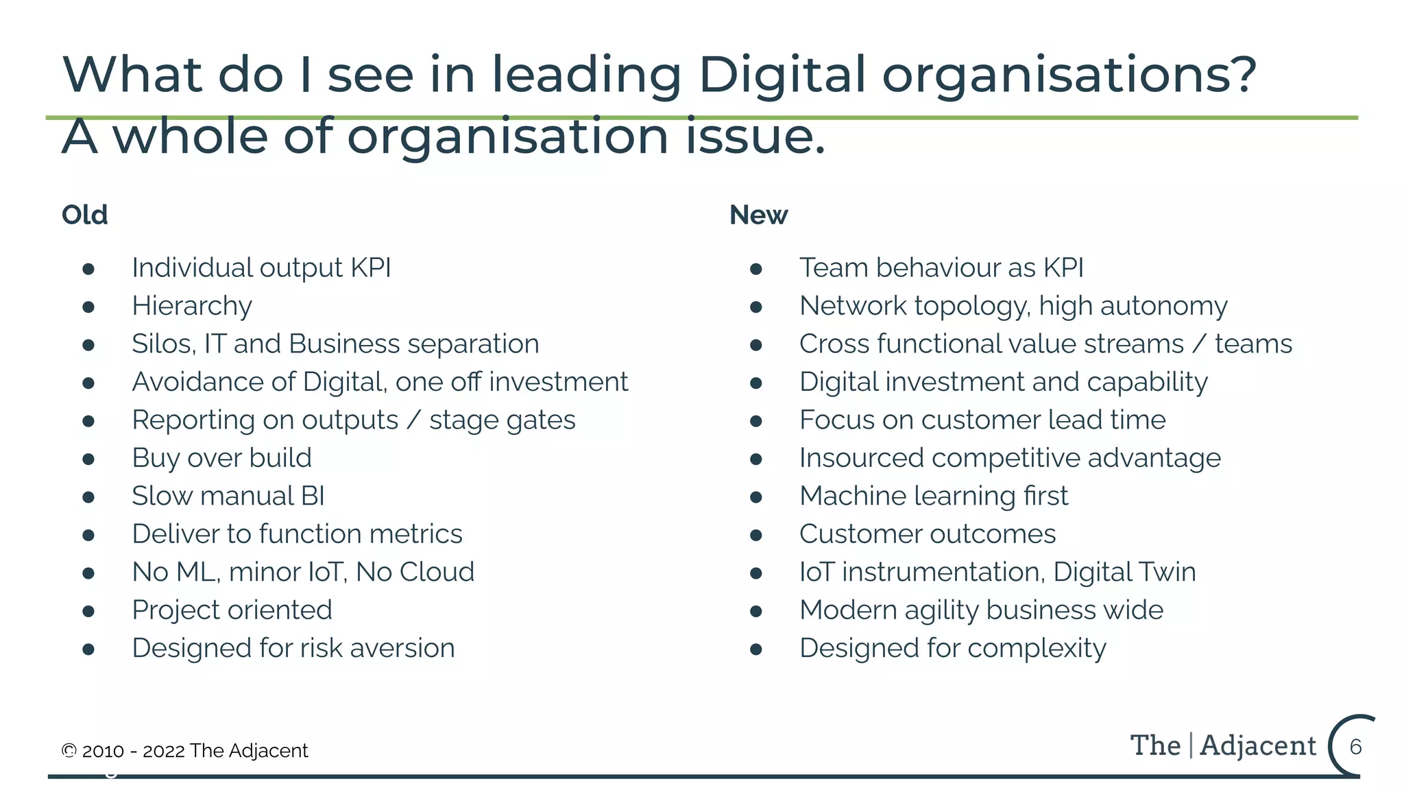© 2010 - 2022 The Adjacent
Old
● Individual output KPI
● Hierarchy
● Silos, IT and Business separation
● Avoidance of Digital, one oﬀ investment
● Reporting on outputs / stage gates
● Buy over build
● Slow manual BI
● Deliver to function metrics
● No ML, minor IoT, No Cloud
● Project oriented
● Designed for risk aversion
New
● Team behaviour as KPI
● Network topology, high autonomy
● Cross functional value streams / teams
● Digital investment and capability
● Focus on customer lead time
● Insourced competitive advantage
● Machine learning ﬁrst
● Customer outcomes
● IoT instrumentation, Digital Twin
● Modern agility business wide
● Designed for complexity
Bridge over Rakaia River, Rakaia
Gorge
6
What do I see in leading Digital organisations?
A whole of organisation issue.
 