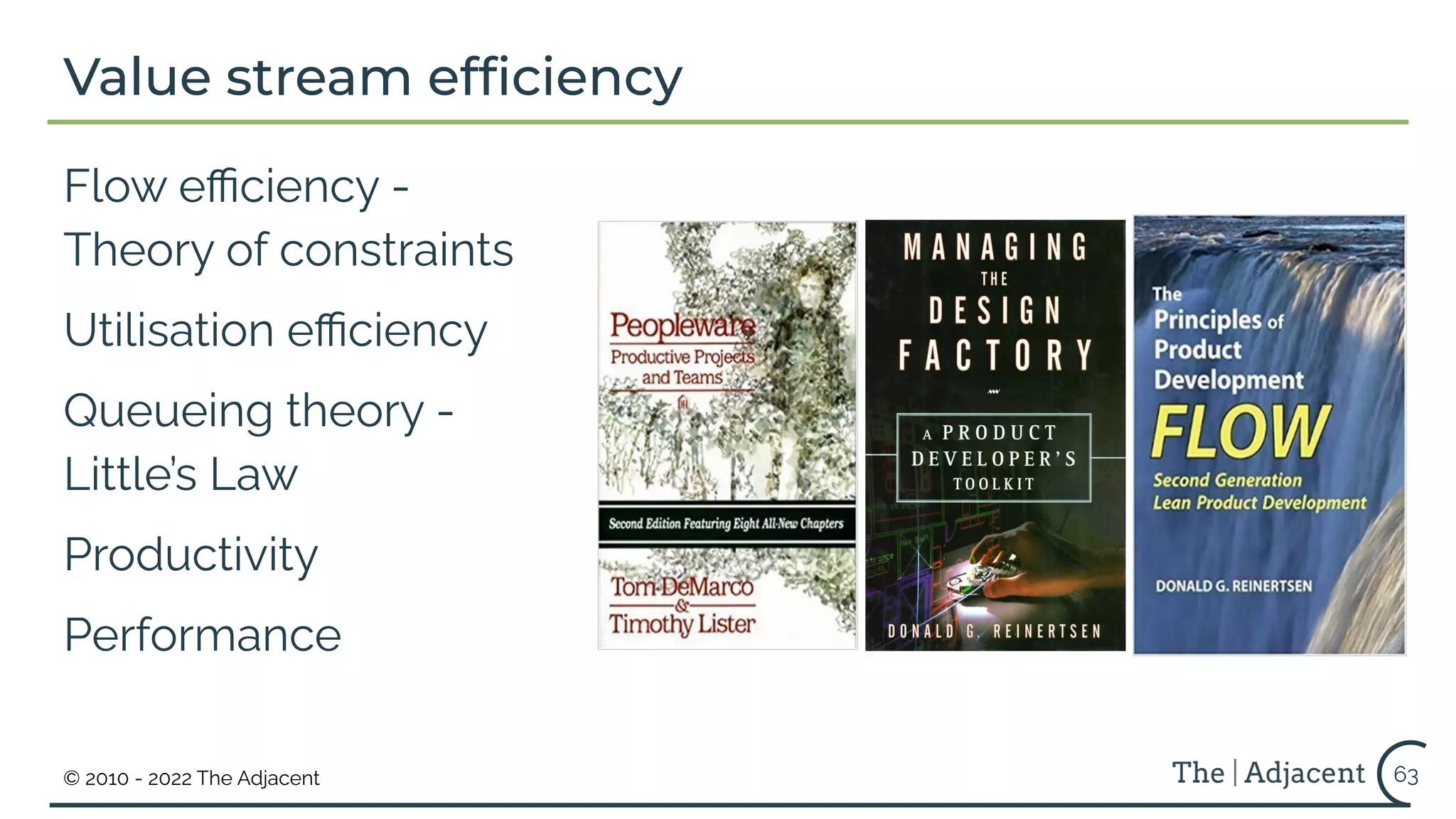 © 2010 - 2022 The Adjacent
Value stream efﬁciency
Flow eﬃciency -
Theory of constraints
Utilisation eﬃciency
Queueing theory -
Little’s Law
Productivity
Performance
63
 