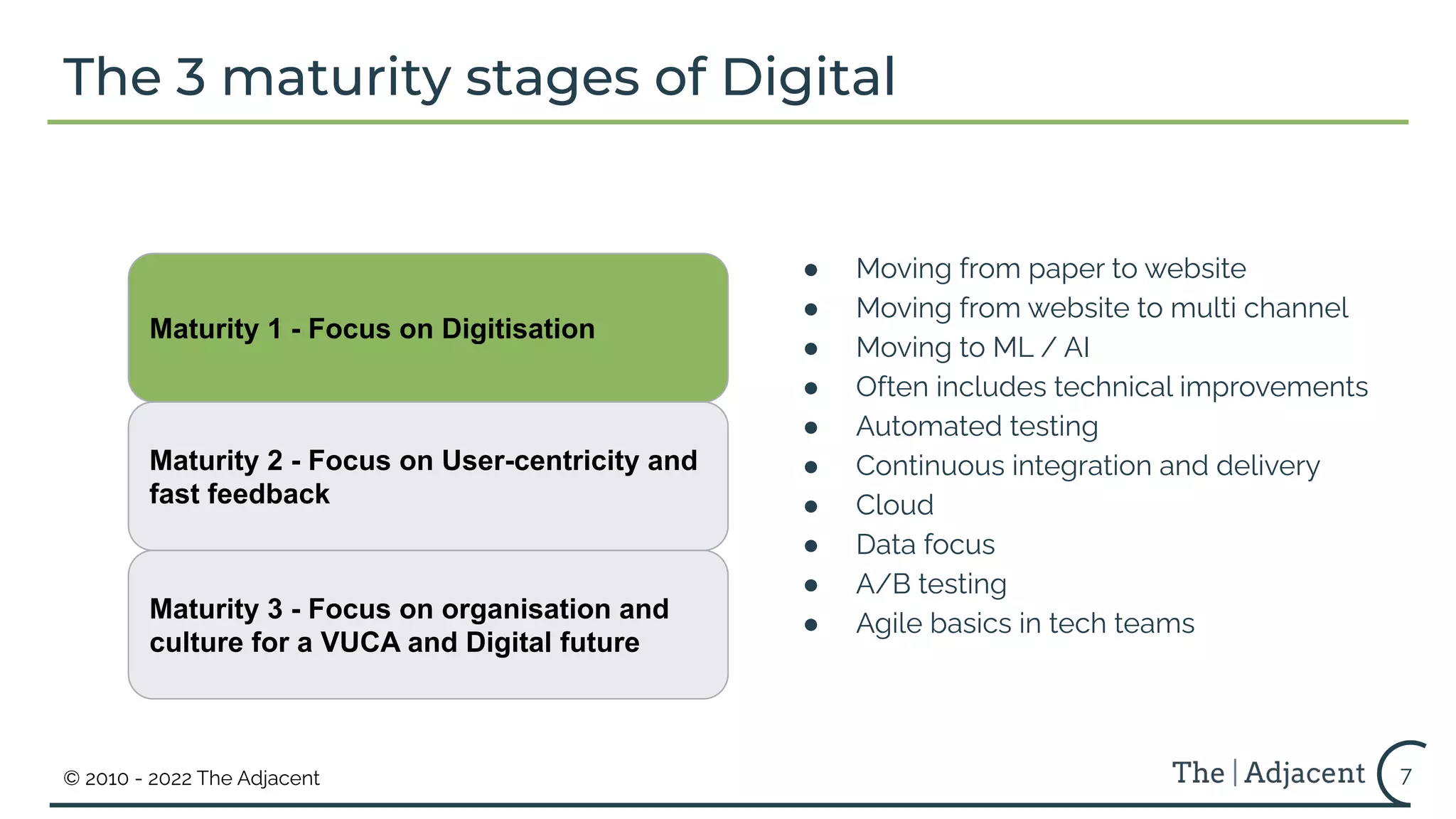 © 2010 - 2022 The Adjacent
Maturity 3 - Focus on organisation and
culture for a VUCA and Digital future
Maturity 2 - Focus on User-centricity and
fast feedback
Maturity 1 - Focus on Digitisation
7
The 3 maturity stages of Digital
● Moving from paper to website
● Moving from website to multi channel
● Moving to ML / AI
● Often includes technical improvements
● Automated testing
● Continuous integration and delivery
● Cloud
● Data focus
● A/B testing
● Agile basics in tech teams
 