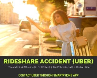 RIDESHARE ACCIDENT (UBER)
CONTACT UBER THROUGH SMARTPHONE APP
1. Seek Medical Attention | 2. Call Police | 3. File Police Report | 4. Contact Uber
 