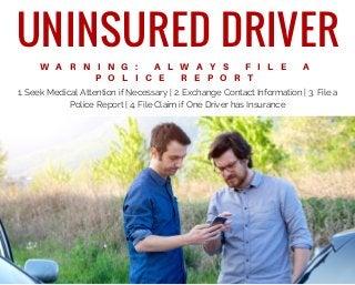 UNINSURED DRIVER
W A R N I N G : A L W A Y S F I L E A
P O L I C E R E P O R T
1. Seek Medical Attention if Necessary | 2. Exchange Contact Information | 3. File a
Police Report | 4. File Claim if One Driver has Insurance
 