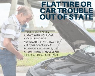 FLAT TIRE OR
CAR TROUBLE
OUT OF STATE
1. PULL OVER SAFELY
2. STAY WITH YOUR CAR
3. CALL ROADSIDE
ASSISTANCE IF YOU HAVE IT
4. IF YOU DON'T HAVE
ROADSIDE ASSISTANCE, CALL
A TOW TRUCK IF NECESSARY
& FIND A LOCAL MECHANIC
 