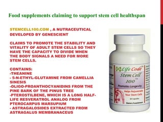 Food supplements claiming to support stem cell healthspan

STEMCELL100.COM , A NUTRACEUTICAL
DEVELOPED BY GENESCIENT

CLAI...