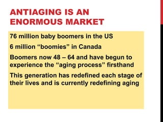 ANTIAGING IS AN
ENORMOUS MARKET
76 million baby boomers in the US
6 million “boomies” in Canada
Boomers now 48 – 64 and ha...