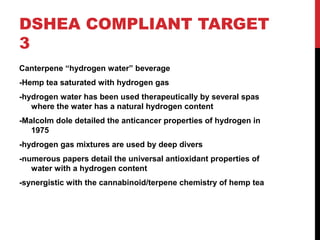 DSHEA COMPLIANT TARGET
3
Canterpene “hydrogen water” beverage
-Hemp tea saturated with hydrogen gas
-hydrogen water has be...