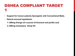 DSHEA COMPLIANT TARGET
1
- Support for Cancer patients Synergistic with Conventional Meds.
- Natural sourced ingredients:
...