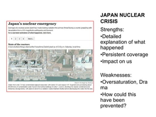 JAPAN NUCLEAR CRISISStrengths:Detailed explanation of what happenedPersistent coverageImpact on usWeaknesses:Oversaturation, DramaHow could this have been prevented?