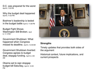 D.C. was prepared for the worst  April 8, 7:55 PMWhy the budget deal happened April 8, 11:02 PMBoehner’s leadership is tested in the budget battle April 8, 11:08 PMBudget Fight Shows Washington Still Broken. April 8, 11:11PMGovernment Shutdown: What happened when Congress missed its deadline. April 9, 12:36 AMGovernment Shutdown Averted: Congress agrees to budget deal, stopgap funding. April 9, 2:48 AMObama set to sign stopgap budget bill Saturday, April 9, 12:29 PMStrengthsTimely updates that provides both sides of the argumentHistorical context, future implications, and current prospects