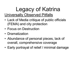 Legacy of KatrinaUniversally Observed PitfallsLack of Media critique of public officials (FEMA) and city protectionFocus on DestructionDramatizationAbundance of personal pieces, lack of overall, comprehensive coverageEarly portrayal of relief / minimal damage