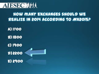 How many exchanges should we
realize in 2014 according to MX2015?
a) 1700
b) 1800
c) 1900
d)2200
e) 2900
 