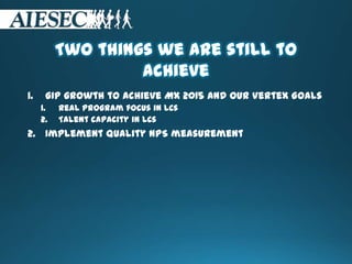 Two things we are still to
achieve
1. GIP growth to achieve MX 2015 and our Vertex Goals
1. Real program focus in LCs
2. Talent capacity in LCs
2. Implement quality NPS measurement
 