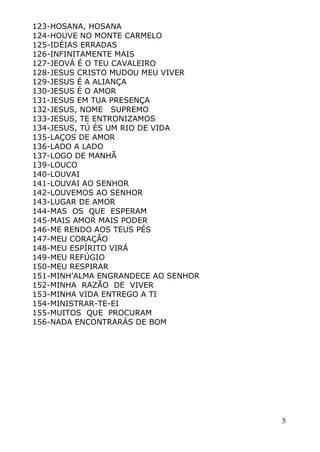 5
123-HOSANA, HOSANA
124-HOUVE NO MONTE CARMELO
125-IDÉIAS ERRADAS
126-INFINITAMENTE MAIS
127-JEOVÁ É O TEU CAVALEIRO
128-JESUS CRISTO MUDOU MEU VIVER
129-JESUS É A ALIANÇA
130-JESUS É O AMOR
131-JESUS EM TUA PRESENÇA
132-JESUS, NOME SUPREMO
133-JESUS, TE ENTRONIZAMOS
134-JESUS, TÚ ÉS UM RIO DE VIDA
135-LAÇOS DE AMOR
136-LADO A LADO
137-LOGO DE MANHÃ
139-LOUCO
140-LOUVAI
141-LOUVAI AO SENHOR
142-LOUVEMOS AO SENHOR
143-LUGAR DE AMOR
144-MAS OS QUE ESPERAM
145-MAIS AMOR MAIS PODER
146-ME RENDO AOS TEUS PÉS
147-MEU CORAÇÃO
148-MEU ESPÍRITO VIRÁ
149-MEU REFÚGIO
150-MEU RESPIRAR
151-MINH’ALMA ENGRANDECE AO SENHOR
152-MINHA RAZÃO DE VIVER
153-MINHA VIDA ENTREGO A TI
154-MINISTRAR-TE-EI
155-MUITOS QUE PROCURAM
156-NADA ENCONTRARÁS DE BOM
 