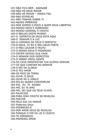 6
157-NÃO FICA BEM - BARNABÉ
158-NÃO HÁ DEUS MAIOR
159-NÃO HÁ MAIOR – AMIGO FIEL
160-NAS ESTRELAS
161-NÃO TENHAS SOBRE TI
162-NAVES IMPERIAIS
163-NÓS SOMOS O POVO A QUEM DEUS LIBERTOU
164-NOSSO DEUS É SOBERANO
165-NOSSO GENERAL É CRISTO
166-O BRILHO DESTE MUNDO
167-O ESPÍRITO DE DEUS ESTÁ AQUI
168-O SENHOR É A LUZ
169-O CAMINHO DE DEUS É PERFEITO
170-Ó DEUS, TU ÉS O MEU DEUS FORTE
171-O MEU LOUVOR É FRUTO
172-O NOSSO DEUS É PODEROSO
173-ONTEM DEIXOU SUA CASA
174-O SENHOR DOS EXÉRCITOS
175-O VERBO VIROU GENTE
176-OS CEUS MANIFESTAM TUA GLÓRIA SENHOR
177-OS QUE CONFIAM NO SENHOR
178-O REI DA GLÓRIA
179-O TEU AMOR
180-OS REIS DA TERRA
181-OUVE, Ó DEUS
182-OUVE-SE O JÚBILO
183-PAI EU QUERO CONTEMPLAR
184-PAI, EU TE ADORO
185-PAI, EU TE AMO
186-PAI, SEI QUE OS TEUS OLHOS
187-PALÁCIOS
188-PARA ISSO CRISTO SE REVELOU
189-PASTOR
190-PELO SOL DA MANHÃ
191-Poderoso Deus
192-PODEROSO É
193-POR AMOR DEUS SE REVELOU
194-PORQUE O FIM DA LEI É CRISTO
195-TE AGRADEÇO
196-PRIMEIRO AMOR
 