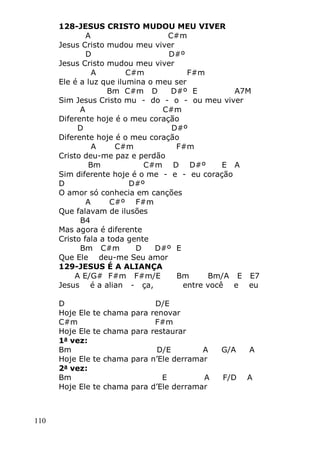 110
128-JESUS CRISTO MUDOU MEU VIVER
A C#m
Jesus Cristo mudou meu viver
D D#º
Jesus Cristo mudou meu viver
A C#m F#m
Ele é a luz que ilumina o meu ser
Bm C#m D D#º E A7M
Sim Jesus Cristo mu - do - o - ou meu viver
A C#m
Diferente hoje é o meu coração
D D#º
Diferente hoje é o meu coração
A C#m F#m
Cristo deu-me paz e perdão
Bm C#m D D#º E A
Sim diferente hoje é o me - e - eu coração
D D#º
O amor só conhecia em canções
A C#º F#m
Que falavam de ilusões
B4
Mas agora é diferente
Cristo fala a toda gente
Bm C#m D D#º E
Que Ele deu-me Seu amor
129-JESUS É A ALIANÇA
A E/G# F#m F#m/E Bm Bm/A E E7
Jesus é a alian - ça, entre você e eu
D D/E
Hoje Ele te chama para renovar
C#m F#m
Hoje Ele te chama para restaurar
1a
vez:
Bm D/E A G/A A
Hoje Ele te chama para n’Ele derramar
2a
vez:
Bm E A F/D A
Hoje Ele te chama para d’Ele derramar
 