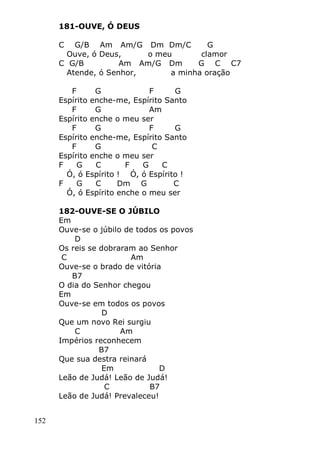 152
181-OUVE, Ó DEUS
C G/B Am Am/G Dm Dm/C G
Ouve, ó Deus, o meu clamor
C G/B Am Am/G Dm G C C7
Atende, ó Senhor, a minha oração
F G F G
Espírito enche-me, Espírito Santo
F G Am
Espírito enche o meu ser
F G F G
Espírito enche-me, Espírito Santo
F G C
Espírito enche o meu ser
F G C F G C
Ó, ó Espírito ! Ó, ó Espírito !
F G C Dm G C
Ó, ó Espírito enche o meu ser
182-OUVE-SE O JÚBILO
Em
Ouve-se o júbilo de todos os povos
D
Os reis se dobraram ao Senhor
C Am
Ouve-se o brado de vitória
B7
O dia do Senhor chegou
Em
Ouve-se em todos os povos
D
Que um novo Rei surgiu
C Am
Impérios reconhecem
B7
Que sua destra reinará
Em D
Leão de Judá! Leão de Judá!
C B7
Leão de Judá! Prevaleceu!
 