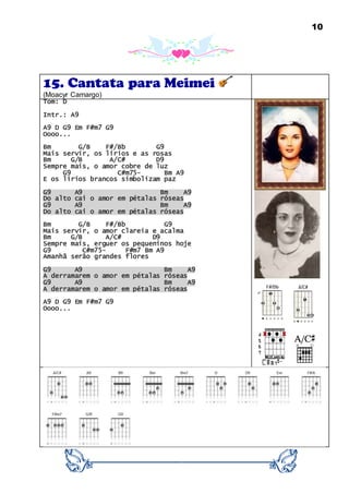 10
15. Cantata para Meimei
(Moacyr Camargo)
Tom: D
Intr.: A9
A9 D G9 Em F#m7 G9
Oooo...
Bm G/B F#/Bb G9
Mais servir, os lírios e as rosas
Bm G/B A/C# D9
Sempre mais, o amor cobre de luz
G9 C#m75- Bm A9
E os lírios brancos simbolizam paz
G9 A9 Bm A9
Do alto cai o amor em pétalas róseas
G9 A9 Bm A9
Do alto cai o amor em pétalas róseas
Bm G/B F#/Bb G9
Mais servir, o amor clareia e acalma
Bm G/B A/C# D9
Sempre mais, erguer os pequeninos hoje
G9 C#m75- F#m7 Bm A9
Amanhã serão grandes flores
G9 A9 Bm A9
A derramarem o amor em pétalas róseas
G9 A9 Bm A9
A derramarem o amor em pétalas róseas
A9 D G9 Em F#m7 G9
Oooo...
 