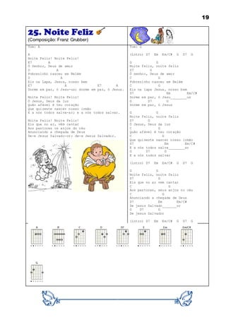 19
25. Noite Feliz
(Composição: Franz Grubber)
Tom: A
A
Noite Feliz! Noite Feliz!
E7 A
Ó Senhor, Deus de amor
D A
Pobrezinho nasceu em Belém
D A
Eis na Lapa, Jesus, nosso bem
E7 A E7 A
Dorme em paz, ó Jesu-us; dorme em paz, ó Jesus.
Noite Feliz! Noite Feliz!
Ó Jesus, Deus da luz
Quão afável é teu coração
Que quizeste nascer nosso irmão
E a nós todos salva-ar; e a nós todos salvar.
Noite Feliz! Noite Feliz!
Eis que no ar, vêm cantar
Aos pastores os anjos do céu
Anunciando a chegada de Deus
De-e Jesus Salvado-or; de-e Jesus Salvador.
Tom: G
(intro) D7 Em Em/C# G D7 G
G G
Noite feliz, noite feliz
D7 G
Ó senhor, Deus de amor
C G
Pobrezinho nasceu em Belém
C G
Eis na lapa Jesus, nosso bem
D7 Em Em/C#
Dorme em paz, ó Jesu________us
G D7 G
Dorme em paz, ó Jesus
G G
Noite feliz, noite feliz
D7 G
Ó Jesus, Deus da luz
C G
Quão afável é teu coração
C G
Que quiseste nascer nosso irmão
D7 Em Em/C#
E a nós todos salva________ar
G D7 G
E a nós todos salvar
(intro) D7 Em Em/C# G D7 G
G G
Noite feliz, noite feliz
D7 G
Eis que no ar vem cantar
C G
Aos pastores, seus anjos no céu
C G
Anunciando a chegada de Deus
D7 Em Em/C#
De jesus Salvado_______or
G D7 G
De jesus Salvador
(intro) D7 Em Em/C# G D7 G
 