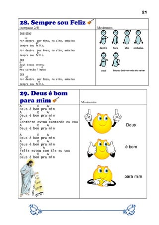21
28. Sempre sou Feliz
(compasso 2/4) Movimentos
(A) (2x)
D
Por dentro, por fora, no alto, embaixo
A7
Sempre sou feliz.
Por dentro, por fora, no alto, embaixo
D
Sempre sou feliz.
(B)
D
Aqui Jesus entrou
D7 G
Meu coração limpou
(C)
A7
Por dentro, por fora, no alto, embaixo
D
Sempre sou feliz.
29. Deus é bom
para mim Movimentos
A E A
Deus é bom pra mim
A E A
Deus é bom pra mim
D A
Contente estou cantando eu vou
A E A
Deus é bom pra mim
A E A
Deus é bom pra mim
A E A
Deus é bom pra mim
D A
Feliz estou com Ele eu vou
A E A
Deus é bom pra mim
dentro fora alto embaixo
aqui limpou (movimento de varrer
com a mão)
Deus
é bom
para mim
 