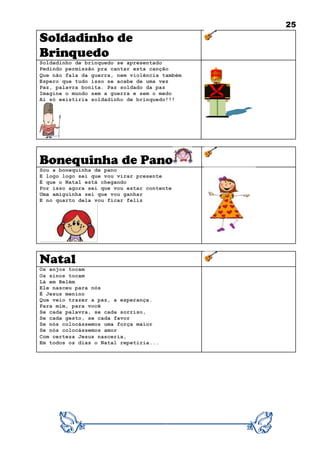 25
Soldadinho de
Brinquedo
Soldadinho de brinquedo se apresentado
Pedindo permissão pra cantar esta canção
Que não fala da guerra, nem violência também
Espero que tudo isso se acabe de uma vez
Paz, palavra bonita. Paz soldado da paz
Imagine o mundo sem a guerra e sem o medo
Ai só existiria soldadinho de brinquedo!!!
Bonequinha de Pano
Sou a bonequinha de pano
E logo logo sei que vou virar presente
É que o Natal está chegando
Por isso agora sei que vou estar contente
Uma amiguinha sei que vou ganhar
E no quarto dela vou ficar feliz
Natal
Os anjos tocam
Os sinos tocam
Lá em Belém
Ele nasceu para nós
É Jesus menino
Que veio trazer a paz, a esperança.
Para mim, para você
Se cada palavra, se cada sorriso,
Se cada gesto, se cada favor
Se nós colocássemos uma força maior
Se nós colocássemos amor
Com certeza Jesus nasceria,
Em todos os dias o Natal repetiria...
 