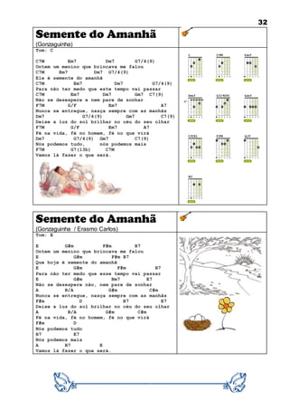 32
Semente do Amanhã
(Gonzaguinha)
Tom: C
C7M Em7 Dm7 G7/4(9)
Ontem um menino que brincava me falou
C7M Em7 Dm7 G7/4(9)
Ele é semente do amanhã
C7M Em7 Dm7 G7/4(9)
Para não ter medo que este tempo vai passar
C7M Em7 Dm7 Gm7 C7(9)
Não se desespere e nem pare de sonhar
F7M G/F Em7 A7
Nunca se entregue, nasça sempre com as manhãs
Dm7 G7/4(9) Gm7 C7(9)
Deixe a luz do sol brilhar no céu do seu olhar
F7M G/F Em7 A7
Fé na vida, fé no homem, fé no que virá
Dm7 G7/4(9) Gm7 C7(9)
Nós podemos tudo, nós podemos mais
F7M G7(13b) C7M
Vamos lá fazer o que será.
Semente do Amanhã
(Gonzaguinha / Erasmo Carlos)
Tom: E
E G#m F#m B7
Ontem um menino que brincava me falou
E G#m F#m B7
Que hoje é semente do amanhã
E G#m F#m B7
Para não ter medo que esse tempo vai passar
E G#m Bm7 E7
Não se desespere não, nem pare de sonhar
A B/A G#m C#m
Nunca se entregue, nasça sempre com as manhãs
F#m D B7 E7
Deixe a luz do sol brilhar no céu do seu olhar
A B/A G#m C#m
Fé na vida, fé no homem, fé no que virá
F#m D
Nós podemos tudo
B7 E7
Nós podemos mais
A B7 E
Vamos lá fazer o que será.
 