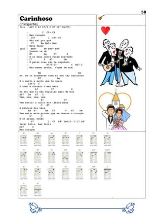 38
Carinhoso
(Pixinguinha)
Intr.: Ab7 C A7 D7/9 C C7 D#º Dm7/5-
: C C5+ C6
: Meu coração
: C5+ C C5+ C6
: Não sei por quê
: C7 Em Em5+ Em6
: Bate feliz
(2x) : Em5+ Em Em5+ Em6
: Quando te vê
: E7 Am D7 G
: E os meus olhos ficam sorrindo
: C7 F A7 Dm
: E pelas ruas vão te seguindo
: D7/9 G7 C Dm7 C
: Mas mesmo assim, foges de mim
Em Am
Ah, se tu soubesses como eu sou tão carinhoso
B7 Em
E o muito e muito que te quero
[Eb7] G
E como é sincero o meu amor
A7 D7 G
Eu sei que tu não fugirias mais de mim
Ab7 Dm G7 C
Vem, vem, vem, vem
B7 G7
Vem sentir o calor dos lábios meus
C E7
À procura dos teus
Am E7 Am C7 F A7 Dm
Vem matar esta paixão que me devora o coração
Dº C
E só assim, então
G7 C C7 D#º Dm7/5- C C7 D#º
Serei feliz, bem feliz
Dm7 C
Meu coração
 