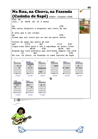 45
Na Rua, na Chuva, na Fazenda
(Casinha de Sapê) (Hyldon - Chrystian e Ralf)
Tom: Gm
Intr.: (D Bb7M Gm D) 2 vezes
Gm D7M
Não estou disposto a esquecer seu rosto de vez
E acho que é tão normal
Gm D7M
Dizem que sou louco por eu ter um gosto assim
Gostar de quem não gosta de mim
Gm7 C7/9 Gm7 C7/9 F7M
Jogue suas mãos para o céu e agradeça se acaso tiver
Bb7M F7M Bb7M Em7
Alguém que você gostaria que estivesse sempre com você
A7 Em7 A7 D7M
Na rua, na chuva, na fazenda ou numa casinha de sapê
 