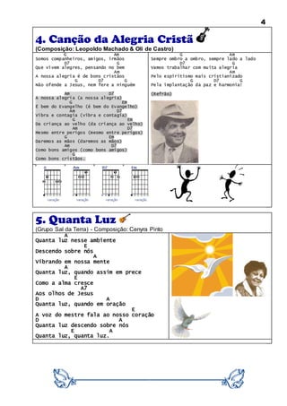 4
4. Canção da Alegria Cristã
(Composição: Leopoldo Machado & Oli de Castro)
G Am
Somos companheiros, amigos, irmãos
D7 G
Que vivem alegres, pensando no bem
Am
A nossa alegria é de bons cristãos
G D7 G
Não ofende a Jesus, nem fere a ninguém
Am D7
A nossa alegria (a nossa alegria)
G Em
É bem do Evangelho (é bem do Evangelho)
Am D7
Vibra e contagia (vibra e contagia)
G Em
Da criança ao velho (da criança ao velho)
Am D7
Mesmo entre perigos (mesmo entre perigos)
G Em
Daremos as mãos (daremos as mãos)
Am D7
Como bons amigos (como bons amigos)
G
Como bons cristãos.
G Am
Sempre ombro a ombro, sempre lado a lado
D7 G
Vamos trabalhar com muita alegria
Am
Pelo espiritismo mais cristianizado
G D7 G
Pela implantação da paz e harmonia!
(Refrão)
5. Quanta Luz
(Grupo Sal da Terra) - Composição: Cenyra Pinto
A
Quanta luz nesse ambiente
E
Descendo sobre nós
A
Vibrando em nossa mente
A
Quanta luz, quando assim em prece
E
Como a alma cresce
A7
Aos olhos de Jesus
D A
Quanta luz, quando em oração
E
A voz do mestre fala ao nosso coração
D A
Quanta luz descendo sobre nós
E A
Quanta luz, quanta luz.
 