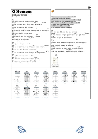50
O Homem
(Roberto Carlos)
Tom: C
Gm
Um certo dia um homem esteve aqui
Gm/F Cm Cm/Bb
Tinha o olhar mais belo que já existiu
F/A
Tinha no cantar uma oração.
F7 Bb F/A
E no falar a mais linda canção que já se ouviu.
Gm
Sua voz falava só de amor
Em7/5- C/E
Todo gesto seu era de amor... e paz
C7 D7/4 D7
Ele trazia no coração.
Gm
Ele pelos campos caminhou
Gm/F Cm Cm/Bb
Subiu as montanhas e falou do amor maior.
F
Fez a luz brilhar na escuridão
F7 Bb F/A
O sol nascer em cada coração e compreender...
Gm
Que além da vida que se tem
Em7/5- C/E
Existe uma outra vida além e assim...
C7 D7/4 D7
O renascer, morrer não é o fim.
G7 Cm Cm/Bb
Tudo que aqui Ele deixou
F7 Bb F/A
Não passou e vai sempre existir
Gm Gm/F Cm Cm/Bb
Flores nos lugares que pisou
Am7/11 D7 Gm
E o caminho certo a seguir
Gm
Eu sei que Ele um dia vai voltar
Gm/F Cm Cm/Bb
E nos mesmos campos procurar o que plantou.
F/A
Colher o que de bom nasceu
F7 Bb
F/A
Chorar pela semente que morreu sem florescer.
Gm
Mas ainda é tempo de plantar
Em7/5- C/E
Fazer dentro de si a flor do bem crescer
C7 D7/4 D7
Prá lhe entregar, quando Ele aqui chegar.
 