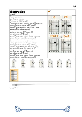 56
Segredos
(Frejat)
G
Eu procuro um amor
C9
que ainda não encontrei
G D9/F# C9
Diferente de todos que amei
G C9
Nos seus olhos quero descobrir uma razão para viver
G D9/F# C9
E as feridas dessa vida eu quero esquecer
Em7 D
Pode ser que eu a encontre numa fila de cinema
Em7 D C9
Numa esquina ou numa mesa de bar
G D9/F# C9
Procuro um amor que seja bom pra mim
G D9/F# C9
Vou procurar eu vou até o fim
Em7 D
E eu vou tratá-la bem pra que ela não tenha medo
C9 G/B Am7
Quando começar a conhecer os meus segredos
G C9
Eu procuro um amor uma razão para viver
G D9/F# C9
E as feridas dessa vida eu quero esquecer
Em7 D
Pode ser que eu gagueje sem saber o que falar
Em7 D C9
Mas eu disfarço e não saio sem ela de lá
G D9/F# C9
Procuro um amor que seja bom pra mim
G D9/F# C9
Vou procurar eu vou até o fim
Em7 D
E eu vou tratá-la bem pra que ela não tenha medo
C9 G/B Am7
Quando começar a conhecer os meus segredos
 