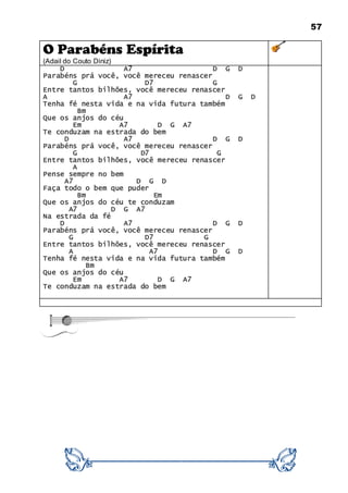 57
O Parabéns Espírita
(Adail do Couto Diniz)
D A7 D G D
Parabéns prá você, você mereceu renascer
G D7 G
Entre tantos bilhões, você mereceu renascer
A A7 D G D
Tenha fé nesta vida e na vida futura também
Bm
Que os anjos do céu
Em A7 D G A7
Te conduzam na estrada do bem
D A7 D G D
Parabéns prá você, você mereceu renascer
G D7 G
Entre tantos bilhões, você mereceu renascer
A
Pense sempre no bem
A7 D G D
Faça todo o bem que puder
Bm Em
Que os anjos do céu te conduzam
A7 D G A7
Na estrada da fé
D A7 D G D
Parabéns prá você, você mereceu renascer
G D7 G
Entre tantos bilhões, você mereceu renascer
A A7 D G D
Tenha fé nesta vida e na vida futura também
Bm
Que os anjos do céu
Em A7 D G A7
Te conduzam na estrada do bem
 