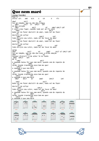 61
Que nem maré
(Jorge Vercillo)
Tom: E
Intro: A7+ Am6 B/A E E4 E F7+
F#m7 B4/7 B7
Faz um tempão, que eu não dou trégua
G#m7 E4/7 E7 C#4/7 C#7
ao meu coração
F#m7 B4/7 B7 G#m7 C#4/7 C#7
É você o meu lugar, quando tudo por um fio está
F#m7 B4/7
Nada vai me fazer desistir do amor, nada vai me fazer
B7
desistir de voltar
G#m7 C#4/7 C#7
Todo dia pro seu calor, nada vai me levar do amor
F#m7 B4/7
Nada vai me fazer desistir do amor, nada vai me fazer
B7
desistir de voltar
G#m7 C#4/7 C#7
Todo dia pro seu calor, nada vai me levar do amor
INTRO
F#m7 B4/7 B7 G#m7 E4/7 E7 C#4/7 C#7
Faz um tempão, que eu não dou asas a minha emoção
F#m7 B4/7 B7
Passear distrair, e me achar lá no fundo
G#m7 C#4/7 C#7
de ti
F#m7 B4/7
A saudade bateu foi que nem maré, quando vem de repente de
B7 G#m7
tarde invade transborda esse bem me quer
C#4/7 C#7
a saudade é que nem maré
F#m7 B4/7
A saudade bateu foi que nem maré, quando vem de repente de
B7 G#m7
tarde invade transborda esse bem me quer
C#4/7 C#7
a saudade é que nem maré
F#m7 B4/7 B7 G#m7 C#4/7 C#7
F#m7 B4/7
Nada vai me fazer desistir do amor, nada vai me fazer
B7
desistir de voltar
G#m7 C#4/7 C#7
Todo dia pro seu calor, nada vai me levar do amor
F#m7 B4/7
A saudade bateu foi que nem maré, quando vem de repente de
B7 G#m7
tarde invade transborda esse bem me quer
C#4/7 C#7
a saudade é que nem maré
 