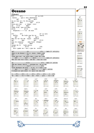 62
Oceano
(Djavan)
D7+ G7+ A7 ou G/A
Assim que o dia amanheceu
A#° Bm Bm7+
Lá no mar al--to da paixão
Bm7 Bm6 Am7 D7/9
Dava pra ver o tempo ruir
Gm C7/9 F#m7
Cadê você, que solidão
B7/9- E7/9 G/A
Esquece|------ra de mim
D7+ G7+ A7 ou G/A
Enfim, de tudo que há na terra
A#° Bm Bm7+
Não há na--da em lugar nenhum
Bm7 Bm6 Am7 D7/9
Que vá crescer sem você chegar
Gm7 C7/9 F#m7
Longe de ti tudo parou
B7/9- E7/9 G/A
Nin--guém sa---be o que eu sofri
Dm7 C9 F7+ Em5-/7 A7(13-)
Amar é um deser---to e seus temo--res
Dm7 C9 F7+
Vida que vai na sela des---sas do--res
Gm7 Am7 Bb7+ Em5-/7 A7(13-)
Não sa--be vol--tar, me dá teu ca--lor
Dm C7/9 F7+ Em5-/7 A7/5+
Vem me fazer feliz porque eu te a--mo
Dm C4/7 F7+
Você deságua em mim e eu o---cea---no
Gm7 Am7 Bb7+ Em7 A7/5+
E esque-ço que amar é qua--se uma dor
D F7+ G7+ C D7+ F7+ G7+ C D7+
Só sei vi----ver se for por vo---cê
 