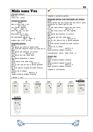 65
Mais uma Vez
(Renato Russo)
Tom: A
Intro 4x: A5(9)
Primeira parte:
A5(9)
Mas é claro que o sol
B4 ou B11
vai voltar amanhã,
C#m7 F#m7 E
mais uma vez, eu sei.
A5(9)
Escuridão já vi pior,
B4 ou B11
de endoidecer gente sã.
C#m7 F#m7 E
espera que o sol já vem
Segunda parte:
A5(9)
Tem gente que está do mesmo lado
que você mas deveria estar do lado de lá
F#m7
Tem gente que machuca os outros
D5(9) Bm7(11) E
tem gente que não sabe amar.
A5(9)
Tem gente enganando a gente,
F#m7
veja nossa vida como está
D5(9) Bm7(11) E
mas eu sei que um dia a gente aprende.
A5(9)
Se você quiser alguém em quem confiar,
F#m7
confie em si mesmo.
D5(9) Bm7(11) E
Quem acredita sempre alcança.
( A5(9) ) (3x)
(repete a primeira parte)
Segunda parte com variação na letra:
A5(9)
Nunca deixe que lhe digam que não vale a pena
acreditar no sonho que se tem
F#m7
ou que seus planos nunca vão dar certo
D5(9) Bm7(11) E
ou que você nunca vai ser alguém.
A5(9)
Tem gente que machuca os outros
F#m7
tem gente que não sabe amar
D5(9) Bm7(11) E
mas eu sei que um dia a gente aprende.
A5(9)
Se você quiser alguém em quem confiar,
F#m7
confie em si mesmo.
D5(9) Bm7(11) E
Quem acredita sempre alcança.
Instrumental: A5(9) F#m7 D5(9) E
Final 2x:
A5(9)
quem acredita sempre alcança
F#m7
quem acredita sempre alcança
D5(9) Bm7(11) E
quem acredita sempre alcança
(repete a introdução)
 