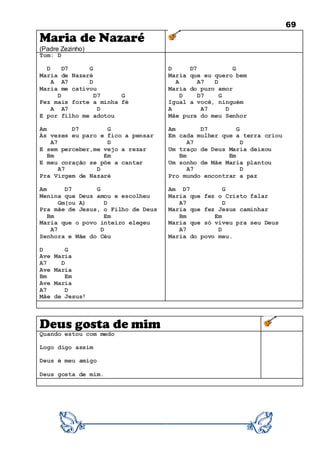 69
Maria de Nazaré
(Padre Zezinho)
Tom: D
D D7 G
Maria de Nazaré
A A7 D
Maria me cativou
D D7 G
Fez mais forte a minha fé
A A7 D
E por filho me adotou
Am D7 G
Às vezes eu paro e fico a pensar
A7 D
E sem perceber,me vejo a rezar
Bm Em
E meu coração se põe a cantar
A7 D
Pra Virgem de Nazaré
Am D7 G
Menina que Deus amou e escolheu
Gm(ou A) D
Pra mãe de Jesus, o Filho de Deus
Bm Em
Maria que o povo inteiro elegeu
A7 D
Senhora e Mãe do Céu
D G
Ave Maria
A7 D
Ave Maria
Bm Em
Ave Maria
A7 D
Mãe de Jesus!
D D7 G
Maria que eu quero bem
A A7 D
Maria do puro amor
D D7 G
Igual a você, ninguém
A A7 D
Mãe pura do meu Senhor
Am D7 G
Em cada mulher que a terra criou
A7 D
Um traço de Deus Maria deixou
Bm Em
Um sonho de Mãe Maria plantou
A7 D
Pro mundo encontrar a paz
Am D7 G
Maria que fez o Cristo falar
A7 D
Maria que fez Jesus caminhar
Bm Em
Maria que só viveu pra seu Deus
A7 D
Maria do povo meu.
Deus gosta de mim
Quando estou com medo
Logo digo assim
Deus é meu amigo
Deus gosta de mim.
 