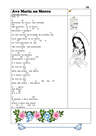 70
Ave Maria no Morro
(Herivelto Martins)
Tom: G
G G7 C
Barracão de zinco, sem telhado
Cm G
Sem pintura, lá no morro
D7 G D7 G
Barracão é bangalo
G7 C
Lá não existe felicidade de arranha céu
Cm G
Pois quem mora lá no morro
D7 G D7 G
Já vive pertinho do céu
G7
Tem alvorada, tem passarada
C
Ao alvorecer
Cm G
Sinfonia de pardais
E7 Am D7 (G)
Anunciando o anoitecer
Cm
E o morro inteiro
G
No fim do dia
D7 G
Reza uma prece, Ave Maria
Cm
E o morro inteiro
G
No fim do dia
D7 G Em Am D7
Reza uma prece - Ave Maria
G Am(C)
Ave Maria
Cm Bm
A a a ve
C C#°
E quando o moro escurece
G
eleva a Deus uma prece
D7 G (Cm) (G)
A - ve Maria
 