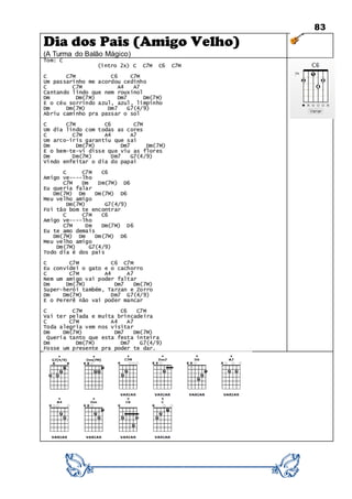83
Dia dos Pais (Amigo Velho)
(A Turma do Balão Mágico)
Tom: C
(intro 2x) C C7M C6 C7M
C C7M C6 C7M
Um passarinho me acordou cedinho
C C7M A4 A7
Cantando lindo que nem rouxinol
Dm Dm(7M) Dm7 Dm(7M)
E o céu sorrindo azul, azul, limpinho
Dm Dm(7M) Dm7 G7(4/9)
Abriu caminho pra passar o sol
C C7M C6 C7M
Um dia lindo com todas as cores
C C7M A4 A7
Um arco-íris garantiu que sai
Dm Dm(7M) Dm7 Dm(7M)
E o bem-te-vi disse que viu as flores
Dm Dm(7M) Dm7 G7(4/9)
Vindo enfeitar o dia do papai
C C7M C6
Amigo ve----lho
C7M Dm Dm(7M) D6
Eu queria falar
Dm(7M) Dm Dm(7M) D6
Meu velho amigo
Dm(7M) G7(4/9)
Foi tão bom te encontrar
C C7M C6
Amigo ve----lho
C7M Dm Dm(7M) D6
Eu te amo demais
Dm(7M) Dm Dm(7M) D6
Meu velho amigo
Dm(7M) G7(4/9)
Todo dia é dos pais
C C7M C6 C7M
Eu convidei o gato e o cachorro
C C7M A4 A7
Nem um amigo vai poder faltar
Dm Dm(7M) Dm7 Dm(7M)
Super-herói também, Tarzan e Zorro
Dm Dm(7M) Dm7 G7(4/9)
E o Pererê não vai poder mancar
C C7M C6 C7M
Vai ter pelada e muita brincadeira
C C7M A4 A7
Toda alegria vem nos visitar
Dm Dm(7M) Dm7 Dm(7M)
Queria tanto que esta festa inteira
Dm Dm(7M) Dm7 G7(4/9)
Fosse um presente pra poder te dar.
 