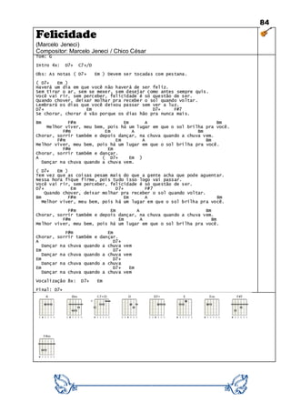 84
Felicidade
(Marcelo Jeneci)
Compositor: Marcelo Jeneci / Chico César
Tom: G
Intro 4x: D7+ C7+/D
Obs: As notas ( D7+ Em ) Devem ser tocadas com pestana.
( D7+ Em )
Haverá um dia em que você não haverá de ser feliz.
Sem tirar o ar, sem se mexer, sem desejar como antes sempre quis.
Você vai rir, sem perceber, felicidade é só questão de ser.
Quando chover, deixar molhar pra receber o sol quando voltar.
Lembrará os dias que você deixou passar sem ver a luz.
D7+ Em D7+ F#7
Se chorar, chorar é vão porque os dias hão pra nunca mais.
Bm F#m Em A Bm
Melhor viver, meu bem, pois há um lugar em que o sol brilha pra você.
F#m Em A Bm
Chorar, sorrir também e depois dançar, na chuva quando a chuva vem.
F#m Em A Bm
Melhor viver, meu bem, pois há um lugar em que o sol brilha pra você.
F#m Em
Chorar, sorrir também e dançar.
A ( D7+ Em )
Dançar na chuva quando a chuva vem.
( D7+ Em )
Tem vez que as coisas pesam mais do que a gente acha que pode aguentar.
Nessa hora fique firme, pois tudo isso logo vai passar.
Você vai rir, sem perceber, felicidade é só questão de ser.
D7+ Em D7+ F#7
Quando chover, deixar molhar pra receber o sol quando voltar.
Bm F#m Em A Bm
Melhor viver, meu bem, pois há um lugar em que o sol brilha pra você.
F#m Em A Bm
Chorar, sorrir também e depois dançar, na chuva quando a chuva vem.
F#m Em A Bm
Melhor viver, meu bem, pois há um lugar em que o sol brilha pra você.
F#m Em
Chorar, sorrir também e dançar.
A D7+
Dançar na chuva quando a chuva vem
Em D7+
Dançar na chuva quando a chuva vem
Em D7+
Dançar na chuva quando a chuva
Em D7+ Em
Dançar na chuva quando a chuva vem
Vocalização 8x: D7+ Em
Final: D7+
 