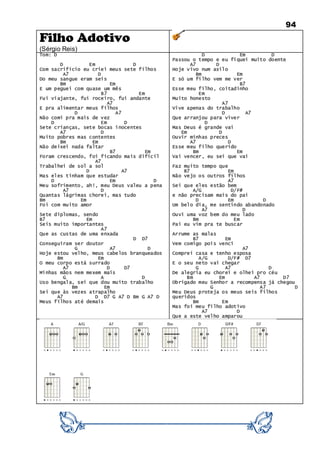 94
Filho Adotivo
(Sérgio Reis)
Tom: D
D Em D
Com sacrificio eu criei meus sete filhos
A7 D
Do meu sangue eram seis
Bm Em
E um peguei com quase um mês
B7 Em
Fui viajante, fui roceiro, fui andante
A7
E pra alimentar meus filhos
D A7
Não comi pra mais de vez
D Em D
Sete crianças, sete bocas inocentes
A7 D
Muito pobres mas contentes
Bm Em
Não deixei nada faltar
B7 Em
Foram crescendo, foi ficando mais difícil
A7
Trabalhei de sol a sol
D A7
Mas eles tinham que estudar
D Em D
Meu sofrimento, ah!, meu Deus valeu a pena
A7 D
Quantas lágrimas chorei, mas tudo
Bm Em
Foi com muito amor
Sete diplomas, sendo
B7 Em
Seis muito importantes
A7
Que as custas de uma enxada
D D7
Conseguiram ser doutor
G A7 D
Hoje estou velho, meus cabelos branqueados
Bm Em
O meu corpo está surrado
A7 D D7
Minhas mãos nem mexem mais
G A D
Uso bengala, sei que dou muito trabalho
Bm Em
Sei que às vezes atrapalho
A7 D D7 G A7 D Bm G A7 D
Meus filhos até demais
D Em D
Passou o tempo e eu fiquei muito doente
A7 D
Hoje vivo num asilo
Bm Em
E só um filho vem me ver
B7
Esse meu filho, coitadinho
Em
Muito honesto
A7
Vive apenas do trabalho
D A7
Que arranjou para viver
D
Mas Deus é grande vai
Em D
Ouvir minhas preces
A7 D
Esse meu filho querido
Bm Em
Vai vencer, eu sei que vai
Faz muito tempo que
B7 Em
Não vejo os outros filhos
A7
Sei que eles estão bem
A/G D/F#
e não precisam mais do pai
D Em D
Um belo dia, me sentindo abandonado
A7 D
Ouvi uma voz bem do meu lado
Bm Em
Pai eu vim pra te buscar
Arrume as malas
B7 Em
Vem comigo pois venci
A7
Comprei casa e tenho esposa
A/G D/F# D7
E o seu neto vai chegar
G A7 D
De alegria eu chorei e olhei pro céu
Bm Em A7 D7
Obrigado meu Senhor a recompensa já chegou
G A7 D
Meu Deus proteja os meus seis filhos
queridos
Bm Em
Mas foi meu filho adotivo
A7 D
Que a este velho amparou
 