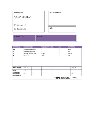 ABARROTES                                      DESTINATARIO:

 “DOÑA LUPITA”


 C/ 5 de mayo, 10

 Col. Bicentenario                              NIF:

                        NIF:

 FACTURA NO.                      FECHA:




CANTIDAD       DESCRIPCION            PRECIO UNITARIO      IVA     IMPORTE
10             KILOS DE AZUCAR        15                   15      150
5              KILOS DE ARROZ         13                   15      65
3              LITROS DE ACEITE       12.50                15      37.50
6              FIDEOS                 3.50                 15      21




BASE IMPON.    273.50                                                   273.50
IVA            15
IMPORTE        41                                                       41
IMPUESTO
                                                        TOTAL FACTURA   314.50
 