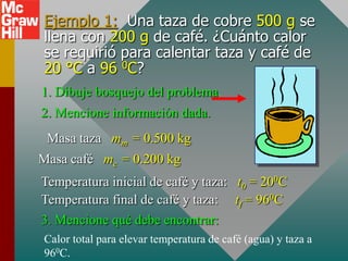 Ejemplo 1: Una taza de cobre 500 g se
llena con 200 g de café. ¿Cuánto calor
se requirió para calentar taza y café de
20 °C a 96 0C?
1. Dibuje bosquejo del problema.
2. Mencione información dada.
 Masa taza mm = 0.500 kg
Masa café mc = 0.200 kg
Temperatura inicial de café y taza: t0 = 200C
Temperatura final de café y taza: tf = 960C
3. Mencione qué debe encontrar:
Calor total para elevar temperatura de café (agua) y taza a
960C.
 