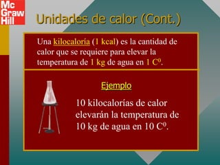 Unidades de calor (Cont.)
Una kilocaloría (1 kcal) es la cantidad de
calor que se requiere para elevar la
temperatura de 1 kg de agua en 1 C0.

                   Ejemplo

           10 kilocalorías de calor
           elevarán la temperatura de
           10 kg de agua en 10 C0.
 