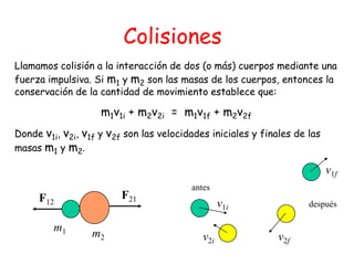 Colisiones
Llamamos colisión a la interacción de dos (o más) cuerpos mediante una
fuerza impulsiva. Si m1 y m2 son las masas de los cuerpos, entonces la
conservación de la cantidad de movimiento establece que:
m1v1i + m2v2i = m1v1f + m2v2f
Donde v1i, v2i, v1f y v2f son las velocidades iniciales y finales de las
masas m1 y m2.
m1 m2
F12
F21
v1f
v1i
v2fv2i
antes
después
 
