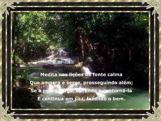 Medita nas lições da fonte calma Que ampara e serve, prosseguindo além; Se a pedra surge, aprende a contorná-la E continua em paz, fazendo o bem. 