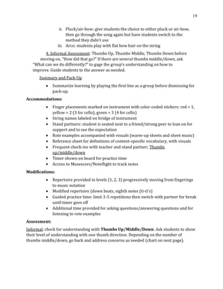 19
ii. Pluck/air-bow: give students the choice to either pluck or air-bow,
then go through the song again but have students switch to the
method they didn’t use
iii. Arco: students play with flat bow hair on the string
4. Informal Assessment: Thumbs Up, Thumbs Middle, Thumbs Down before
moving on, “How did that go?” If there are several thumbs middle/down, ask
“What can we do differently?” to gage the group’s understanding on how to
improve. Guide students to the answer as needed.
Summary and Pack-Up
• Summarize learning by playing the first line as a group before dismissing for
pack-up.
Accommodations:
• Finger placements marked on instrument with color-coded stickers: red = 1,
yellow = 2 (3 for cello), green = 3 (4 for cello)
• String names labeled on bridge of instrument
• Stand partners: student is seated next to a friend/strong peer to lean on for
support and to see the expectation
• Rote examples accompanied with visuals (warm-up sheets and sheet music)
• Reference sheet for definitions of content-specific vocabulary, with visuals
• Frequent check-ins with teacher and stand partner; Thumbs
up/middle/down
• Timer shown on board for practice time
• Access to Musescore/Noteflight to track notes
Modifications:
• Repertoire provided in levels (1, 2, 3) progressively moving from fingerings
to music notation
• Modified repertoire (down beats, eighth notes (ti-ti's)
• Guided practice time: limit 3-5 repetitions then switch with partner for break
until timer goes off
• Additional time provided for asking questions/answering questions and for
listening to rote examples
Assessment:
Informal; check for understanding with Thumbs Up/Middle/Down. Ask students to show
their level of understanding with one thumb direction. Depending on the number of
thumbs middle/down, go back and address concerns as needed (chart on next page).
 