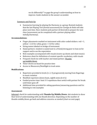 22
we do differently?” to gage the group’s understanding on how to
improve. Guide students to the answer as needed.
Summary and Pack-Up
• Summarize learning by playing the Harmony as a group. Remind students
that the last Playing Test (formal assessment) for Cantiga de Roda will take
place next time. Have students pick partner (if desired) to prepare for next
class (assessment can be completed with a partner playing either
melody/harmony).
Accommodations:
• Finger placements marked on instrument with color-coded stickers: red = 1,
yellow = 2 (3 for cello), green = 3 (4 for cello)
• String names labeled on bridge of instrument
• Stand partners: student is seated next to a friend/strong peer to lean on for
support and to see the expectation
• Rote examples accompanied with visuals (warm-up sheets and sheet music)
• Reference sheet for definitions of content-specific vocabulary, with visuals
• Frequent check-ins with teacher and stand partner; Thumbs
up/middle/down
• Timer shown on board for practice time
• Access to Musescore/Noteflight to track notes
Modifications:
• Repertoire provided in levels (1, 2, 3) progressively moving from fingerings
to music notation
• Modified repertoire (down beats, eighth notes (ti-ti's)
• Guided practice time: limit 3-5 repetitions then switch with partner for break
until timer goes off
• Additional time provided for asking questions/answering questions and for
listening to rote examples
Assessment:
Informal; check for understanding with Thumbs Up/Middle/Down. Ask students to show
their level of understanding with one thumb direction. Depending on the number of
thumbs middle/down, go back and address concerns as needed (chart on next page).
 